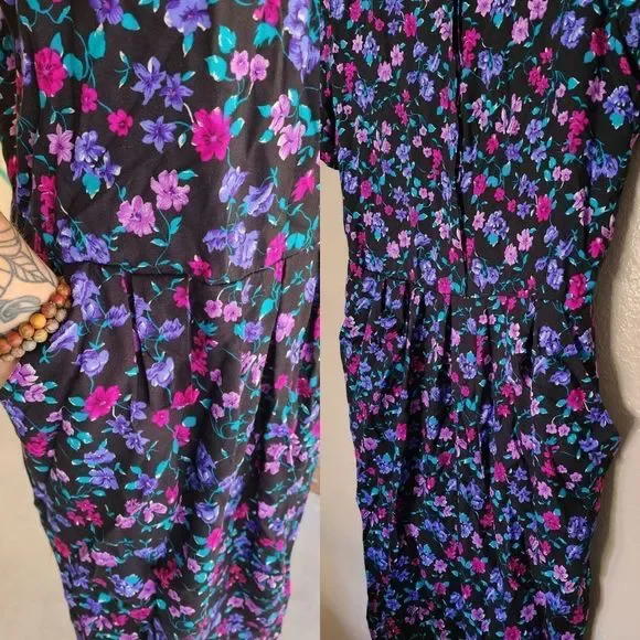 4 for $32 vintage 80s black and purple floral dress - Picture 3 of 5